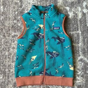 Patagonia Teal and Brown Kids' Fleece Vest with Fish/Whale-like Pattern